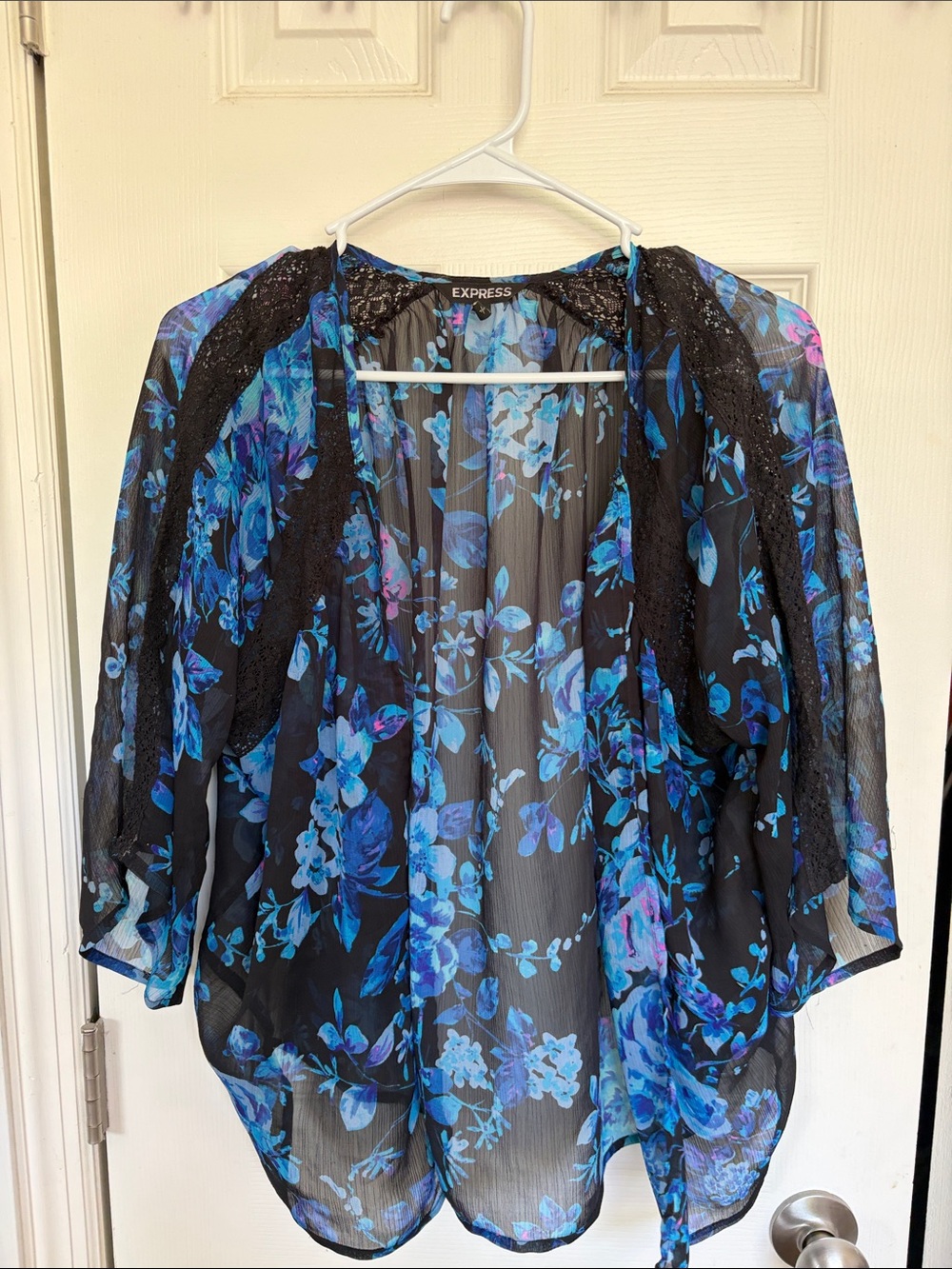 Express Black Sheer Tunic with Blue Floral Accents